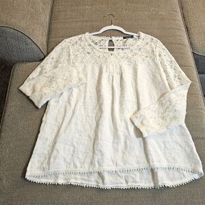 Lungo L'Arno White Linen Lace Sleeve Boho Cottage Festive Casual Top Medium